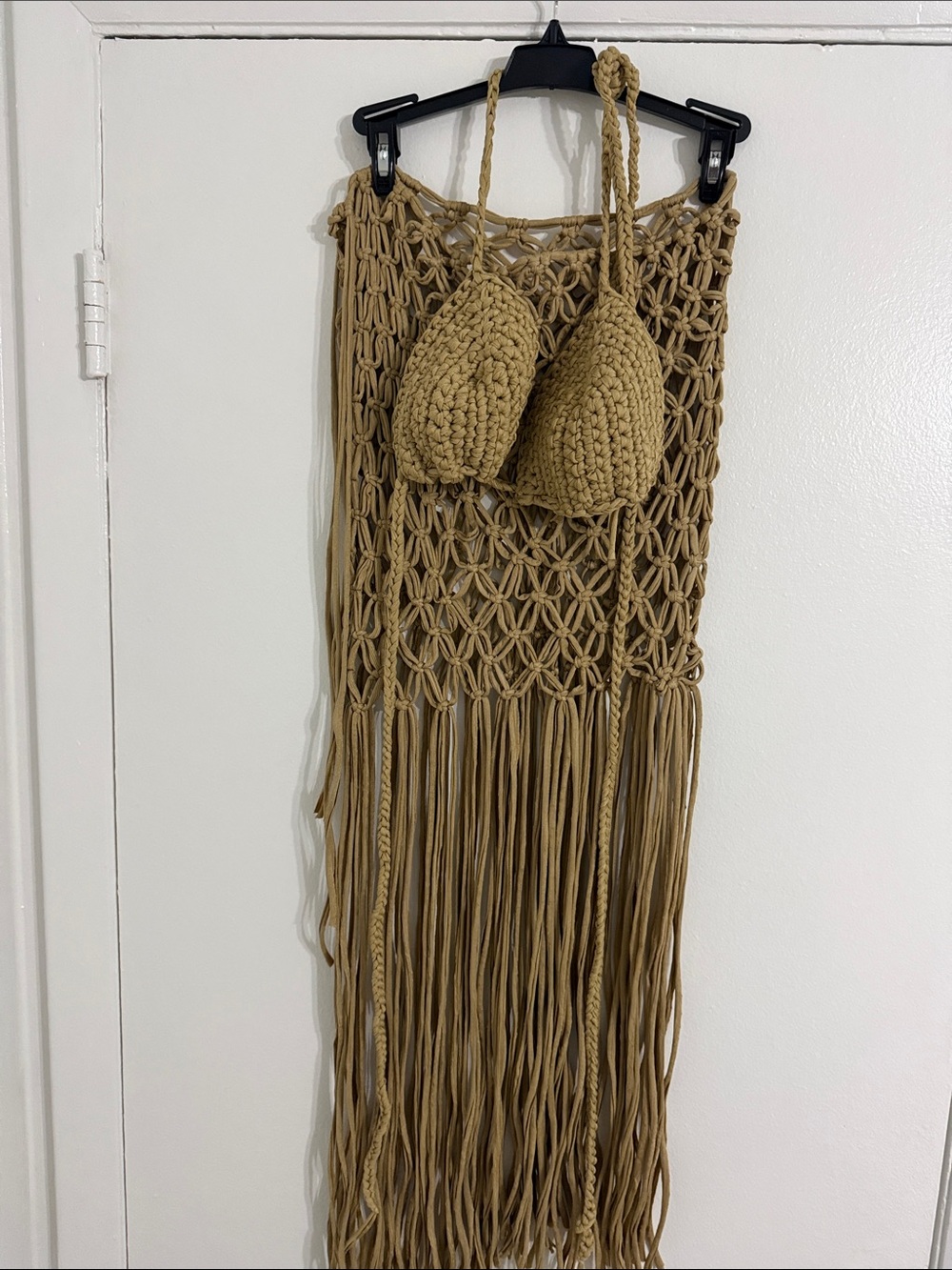 Handmade Crochet Fringe Beach Cover-Up in Khaki with top